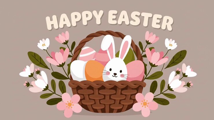 Happy easter bunny animation with eggs and flowers