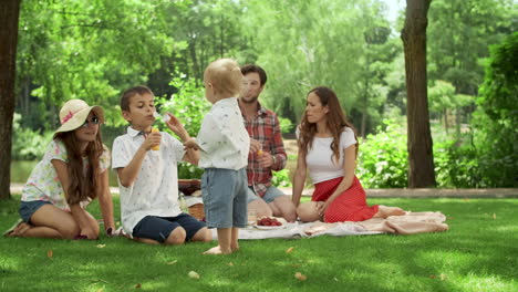 padres pasando tiempo con los niños en el parque. familia divirtiéndose con burbujas