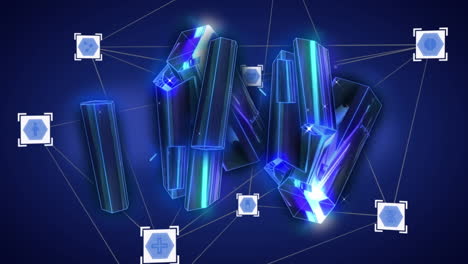 animación de redes de conexiones con iconos de procesador y bloques metálicos sobre fondo azul