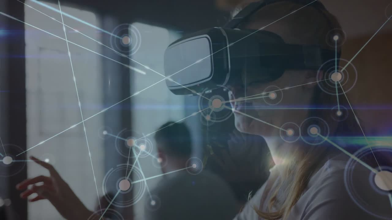 VR-headset woman extending right hand, activating virtual network, manipulating nodes to demo tech