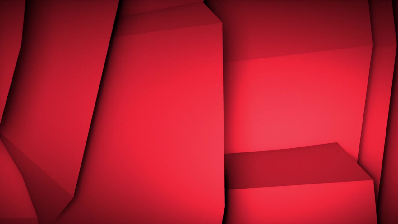 Red abstract animation of slopes rise and fold like a shifting mountainside, with the camera panning upward through sharp planes, glowing light, and steady motion that feels vast and immersive