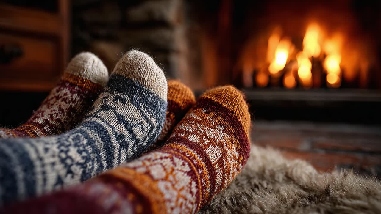 Cozy Evening by the Fireplace: A Warm Embrace of Knitted Socks on a Soft Rug with Flickering Flames Creating a Perfectly Relaxing Atmosphere