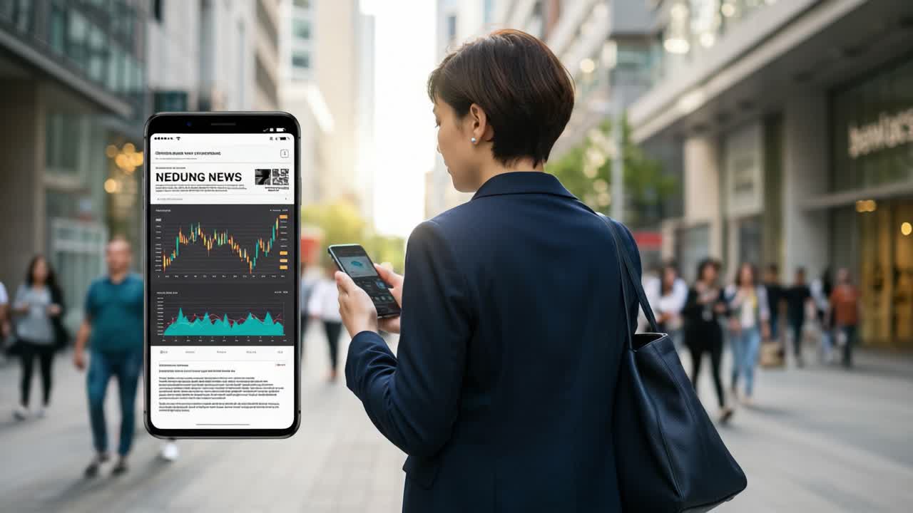 A Business Professional Engaged with Financial News on a Smartphone in a Busy Urban Environment Featuring Market Trends and Data Visualizations