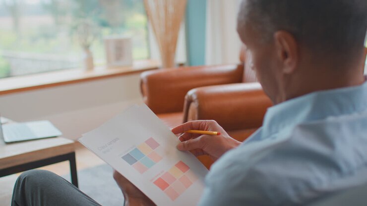 Close Up Of Male Architect Or Interior Designer Working From Home Looking At Colour Swatches