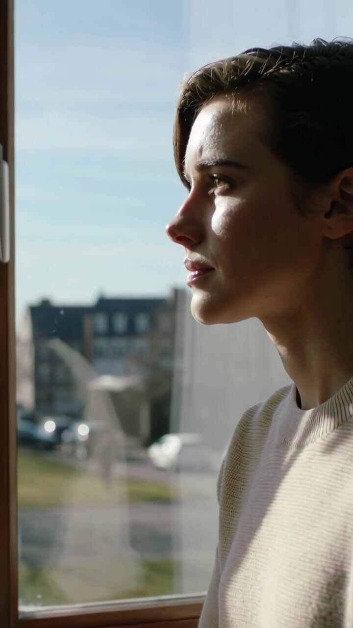 Vertical video: Sitting woman gazing at home window, sun drawing gaze on sill, jumper, copy space