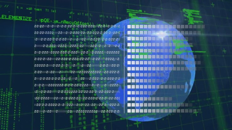 Animation of binary coding and data processing over globe