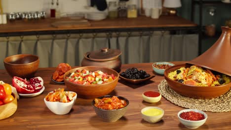 moroccan cuisine. tajine, traditional dish made of lamb and eggplant, vegetable salad. middle eastern culture. couscous with mutton close-up, delicious rice. homemade food.