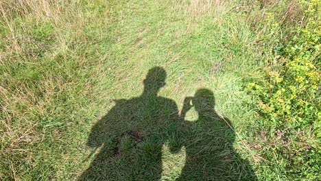 two shadows walking and gesturing on grass