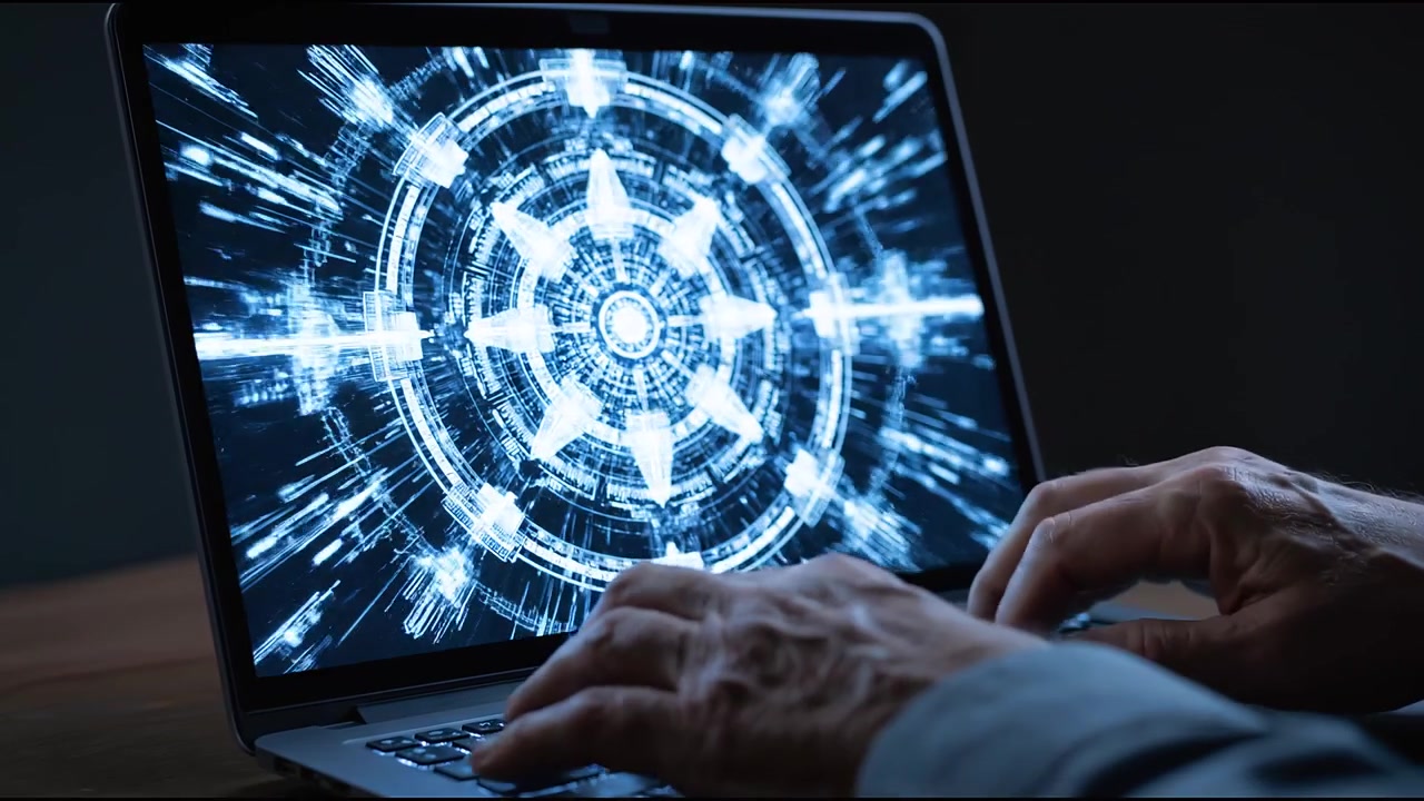Close up of programmer hands typing code on laptop with analytics dashboard and software interface