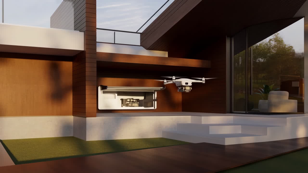 A drone interacting with an automated delivery or charging system on a modern building