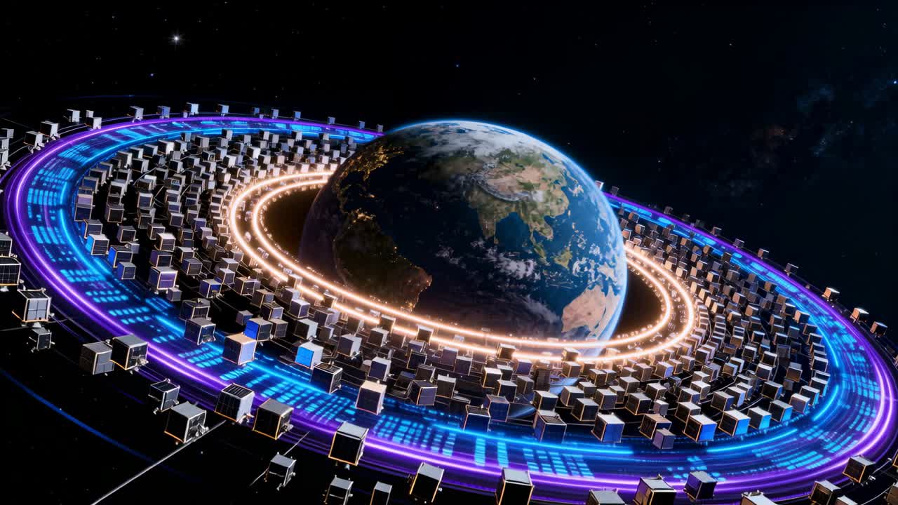 Panning camera circling Earth in orbit, revealing ring rotating and neon circuitry over cube rows