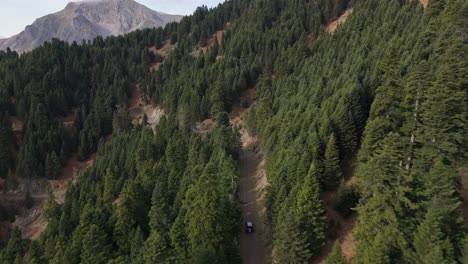 outdoor adventure seekers drive suv along dirt road between dense forest of agrafa greece