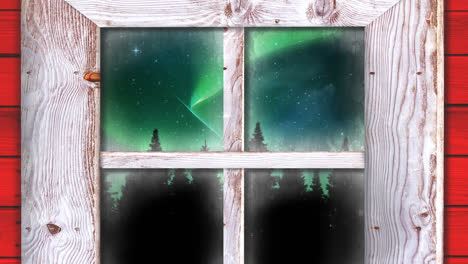 Animation of aurora borealis and christmas winter scenery seen through window