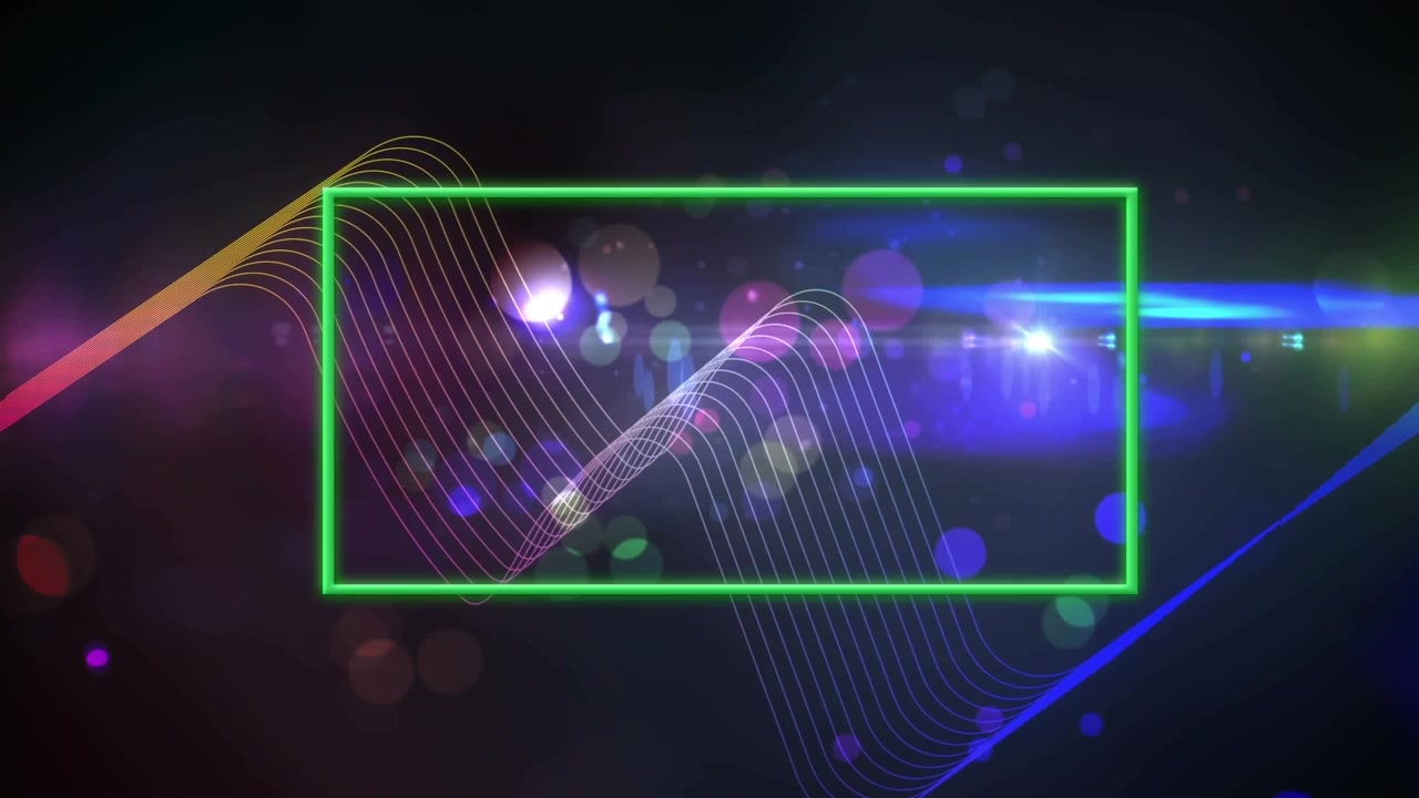 Animation of green banner with copy space over digital wave and spots of light on blue background