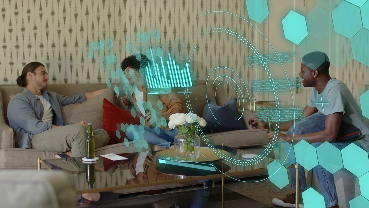 Three men around coffee table center man leaning gesturing activating teal HUD over table tech demo
