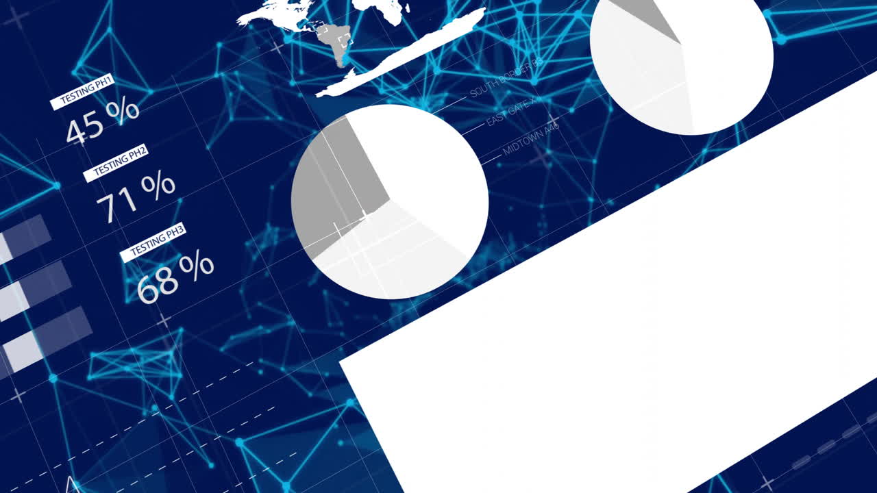 Animazione di elaborazione dati finanziari su rete di connessioni su sfondo blu