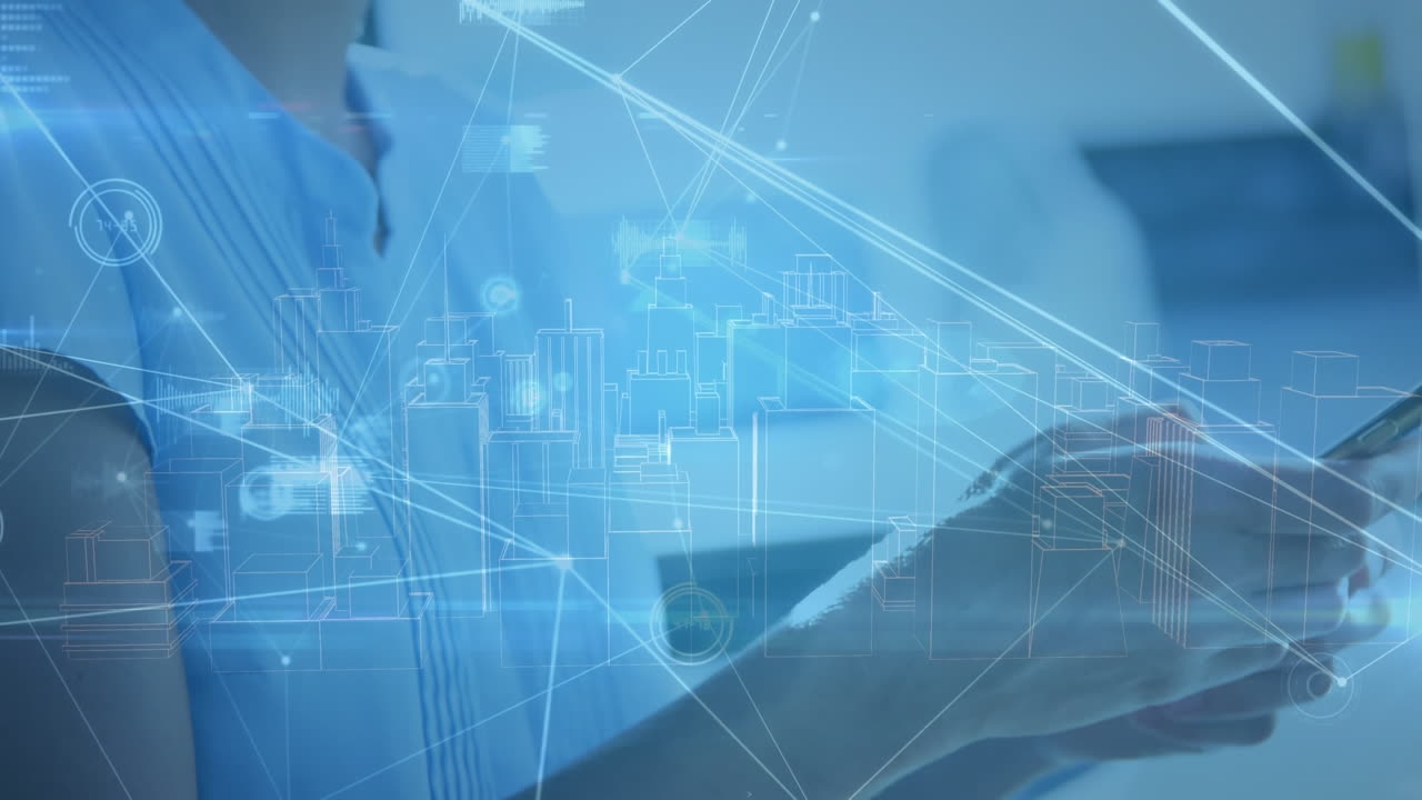 스마트폰을 가진 백인 여성에 대한 연결 네트워크의 애니메이션