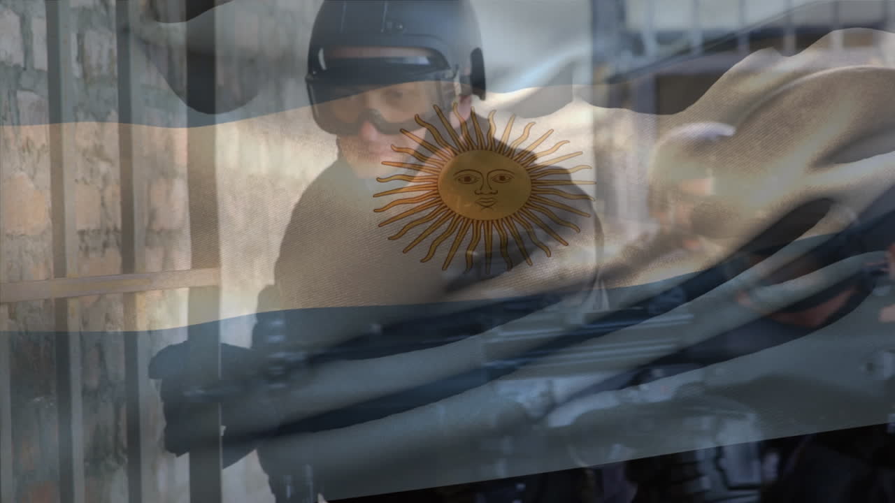 animación de la bandera de argentina sobre soldados con armas