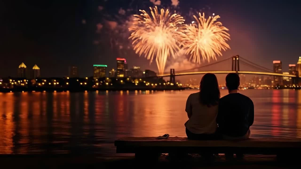 Romantic video scene of a couple watching fireworks over a cityscape, shot from behind