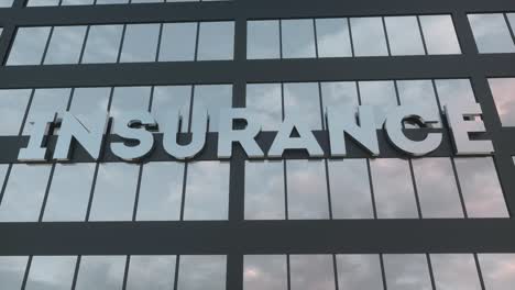 insurance corporation building with glass windows and sky reflections. sign insurance on the facade of the office building