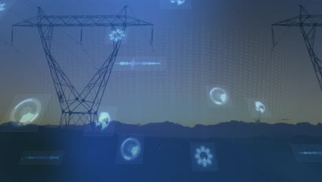 animation of scopes scanning and data processing on screens over electric pylons