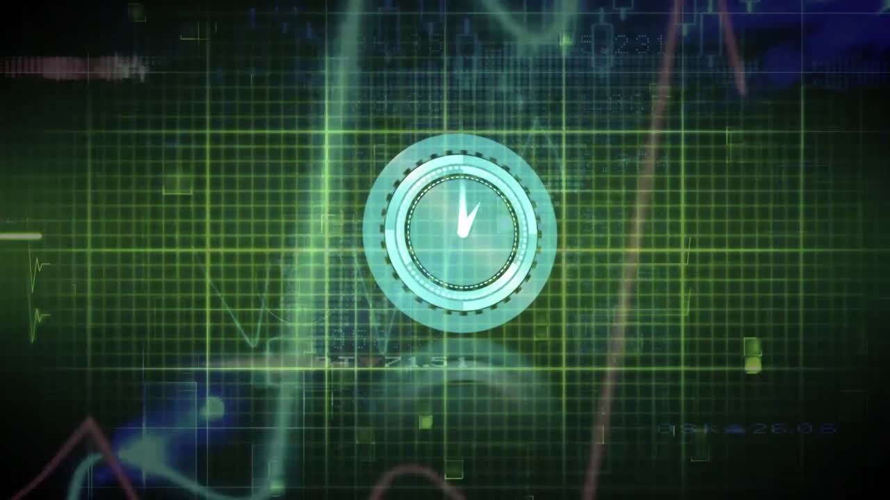 Animazione di orologio in movimento e cardiografo su elaborazione dati e mappa del mondo