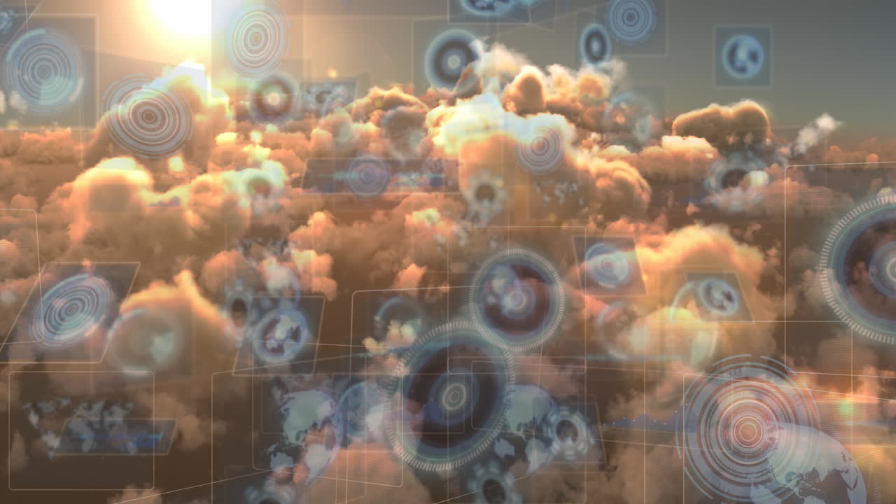 Animation of multiple round scanners and data processing against clouds in the sky