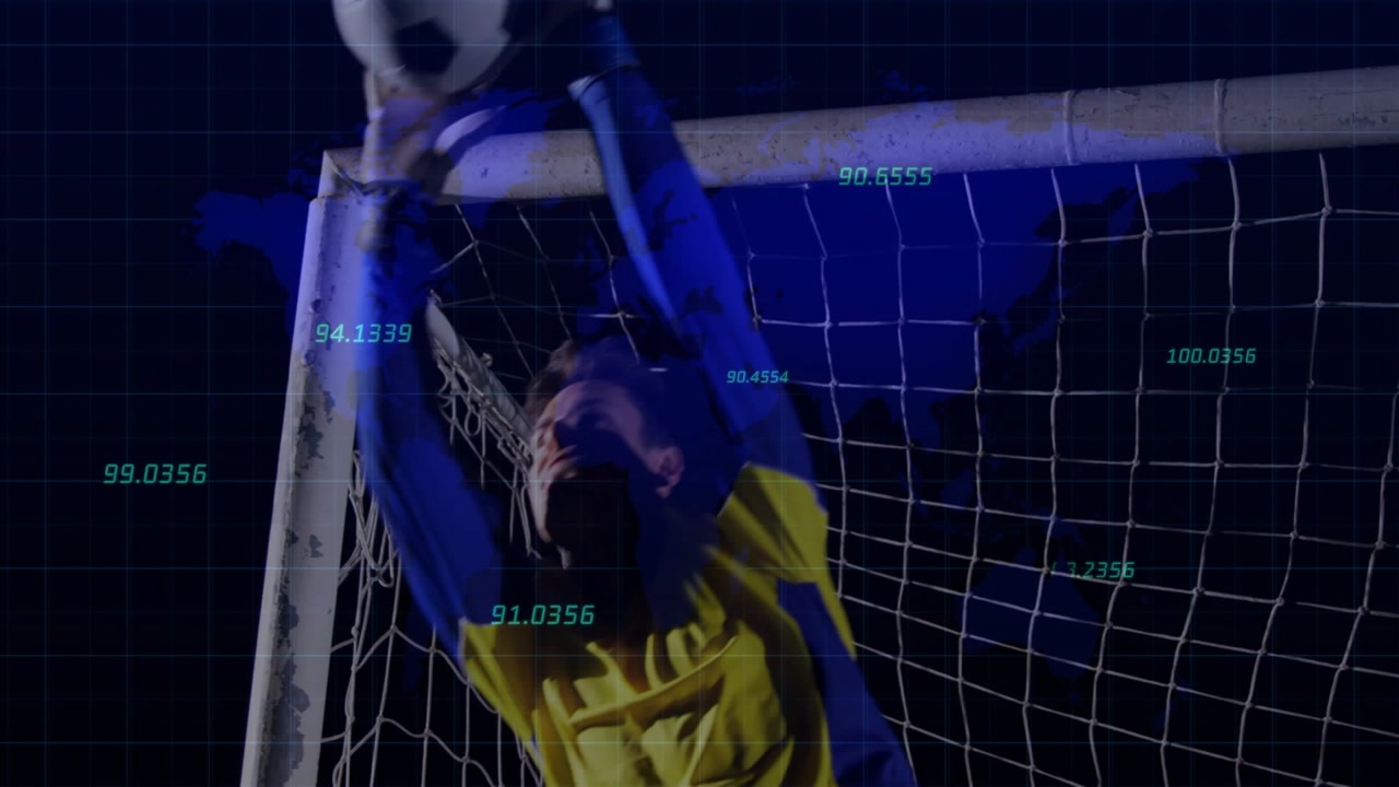 Shot sending keeper leaping to make save overhead, net overlays showing sports stats