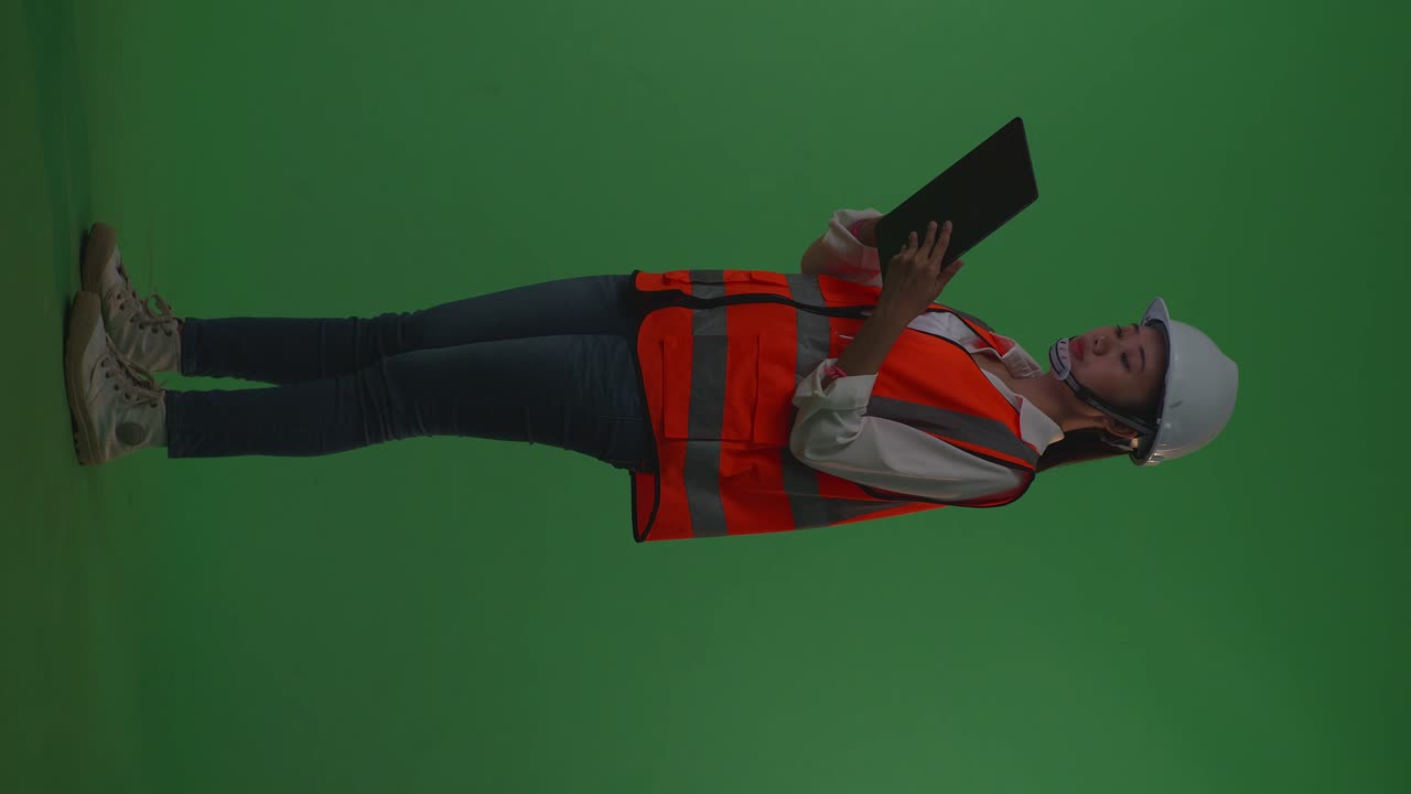 vista lateral de todo el cuerpo ingeniera asiática con casco de seguridad trabajando en una tableta mientras está de pie en el estudio de fondo de pantalla verde, durante la puesta o salida del sol