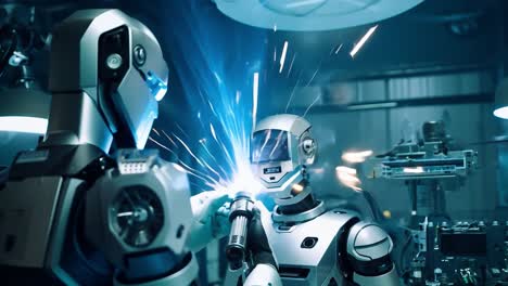 two robots working together in a futuristic factory setting.