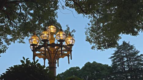 an elegant, multi-branched street lamp with golden glow casts light amidst lush green trees, set against a soft evening sky in akasaka-mitsuke, tokyo.