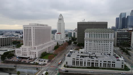 drone shot, los angeles city hall, courthouse, hall of justice, highway and spring street traffic, california usa