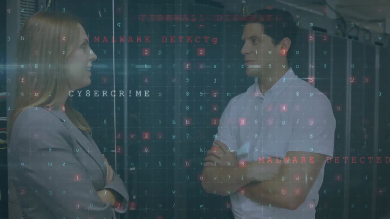 hombre y mujer hablando en una sala de servidores de computadora