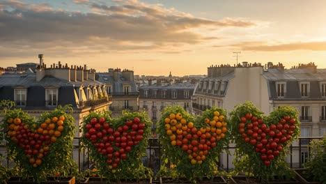 a breathtaking rooftop garden in paris featuring heart-shaped arrangements of vibrant tomatoes with a stunning cityscape at sunset