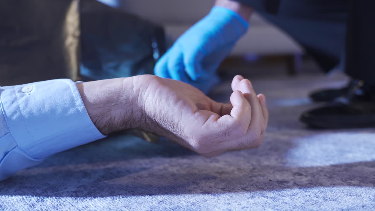 la policía examinando el cuerpo en la escena del crimen. investigación forense.