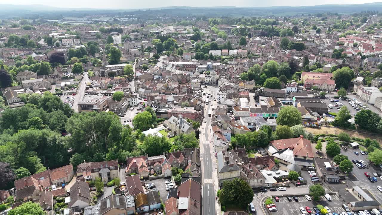 Frome town centre in Somerset UK drone,aerial high point of view push in shot