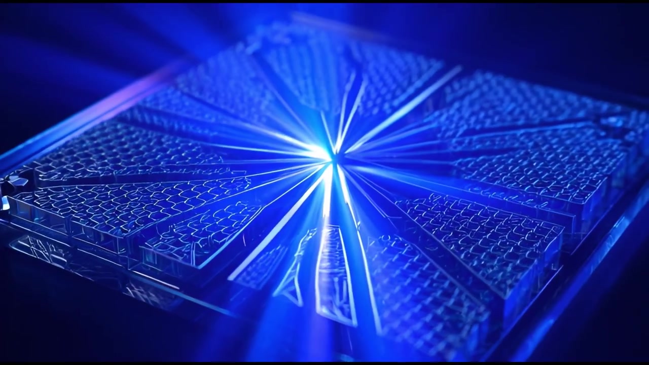 Abstract Geometric Glass Structure Illuminated by Pulsing Blue Light