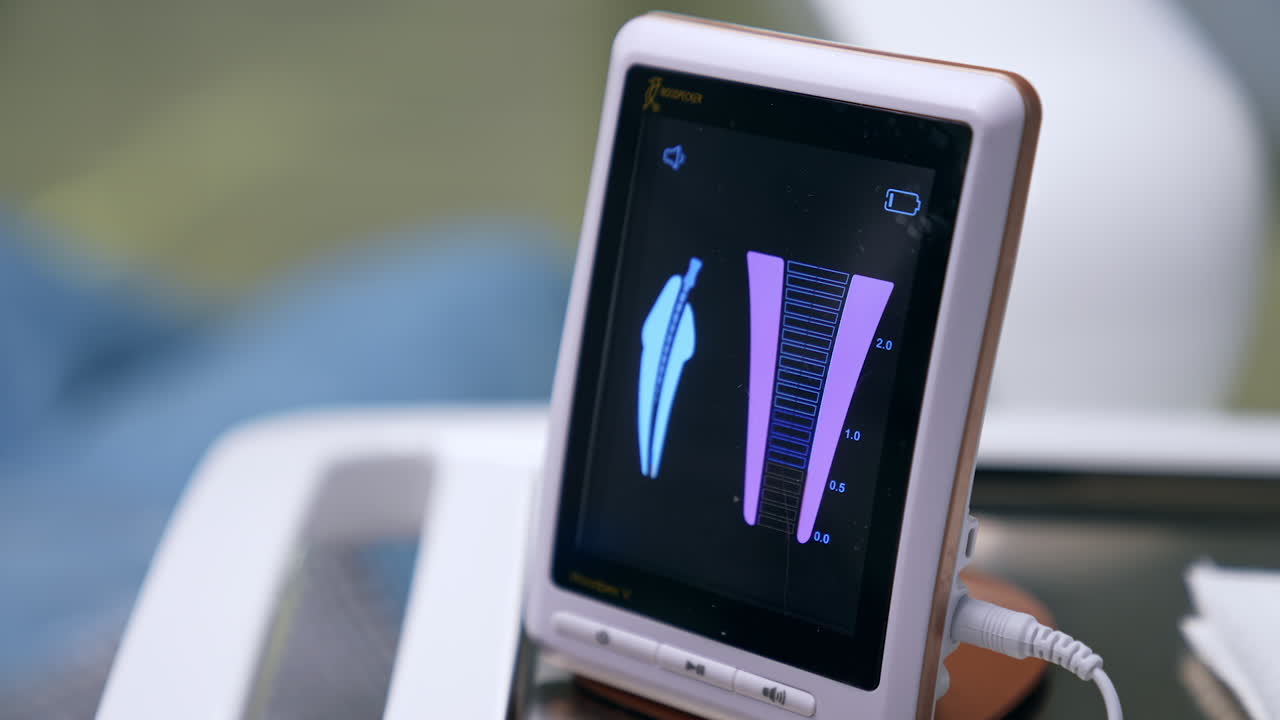 Little screen with some changing parameters. Close up. Advanced equipment for dentistry practice in modern dental clinics. Blurred backdrop.