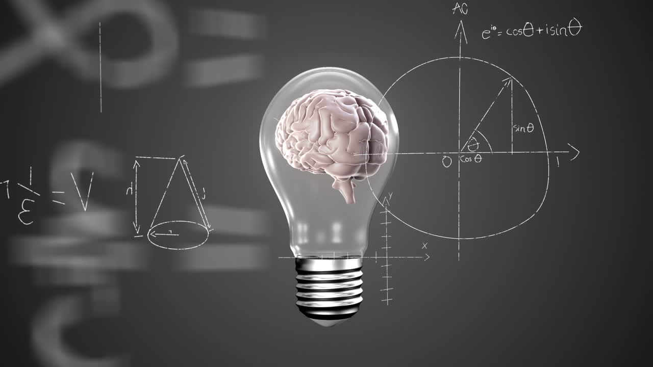 Animation of mathematical equations, diagrams over human brain in light bulb on abstract background