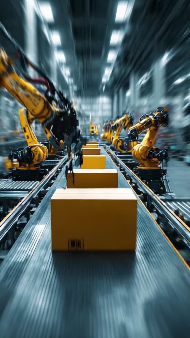 Automated Manufacturing Process: Advanced Robotics Streamlining Package Movement on a Production Line for Enhanced Efficiency and Speed in Modern Warehousing Solutions