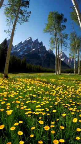 vibrant yellow flower meadow with majestic mountains and aspen trees