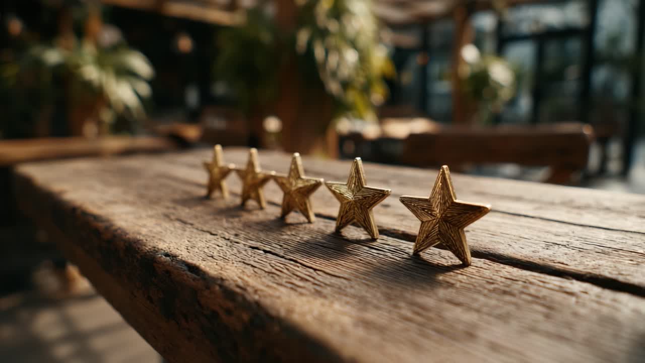 Five Golden Stars Arranged Neatly on a Rustic Wooden Table in a Bright and Inviting Space, Capturing the Essence of Excellence and Elegance in a Serene Environment