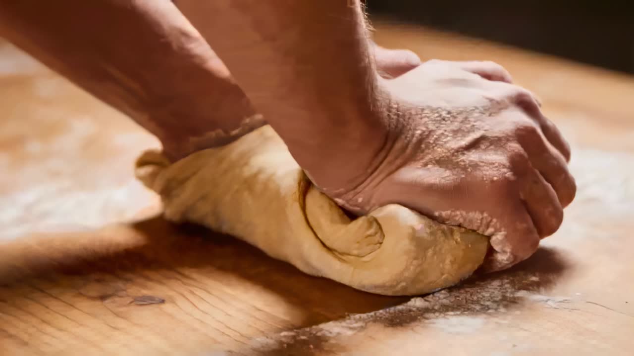 Mãos de padeiro começando a amassar, dobrar e enrolar a massa em uma tábua enfarinhada na cozinha para assar.