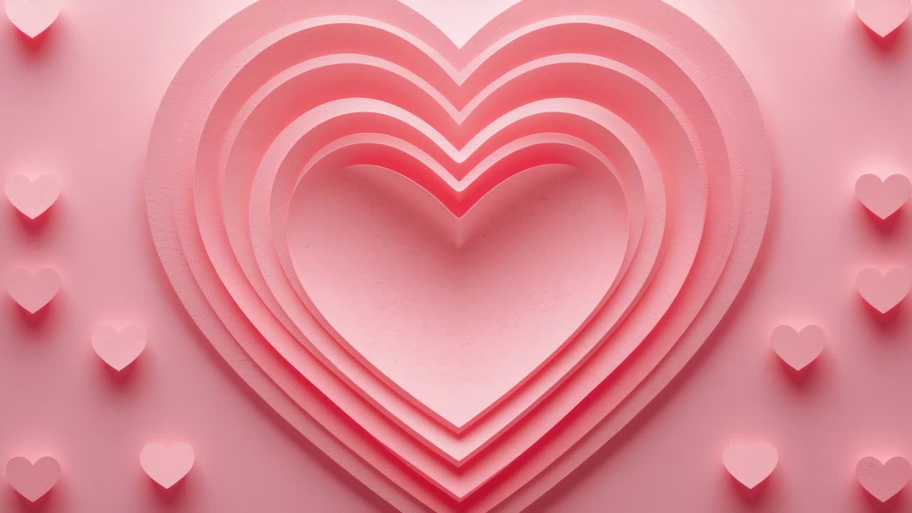 Displaying nested heart relief reacting to light shifts in studio pink, featuring small hearts