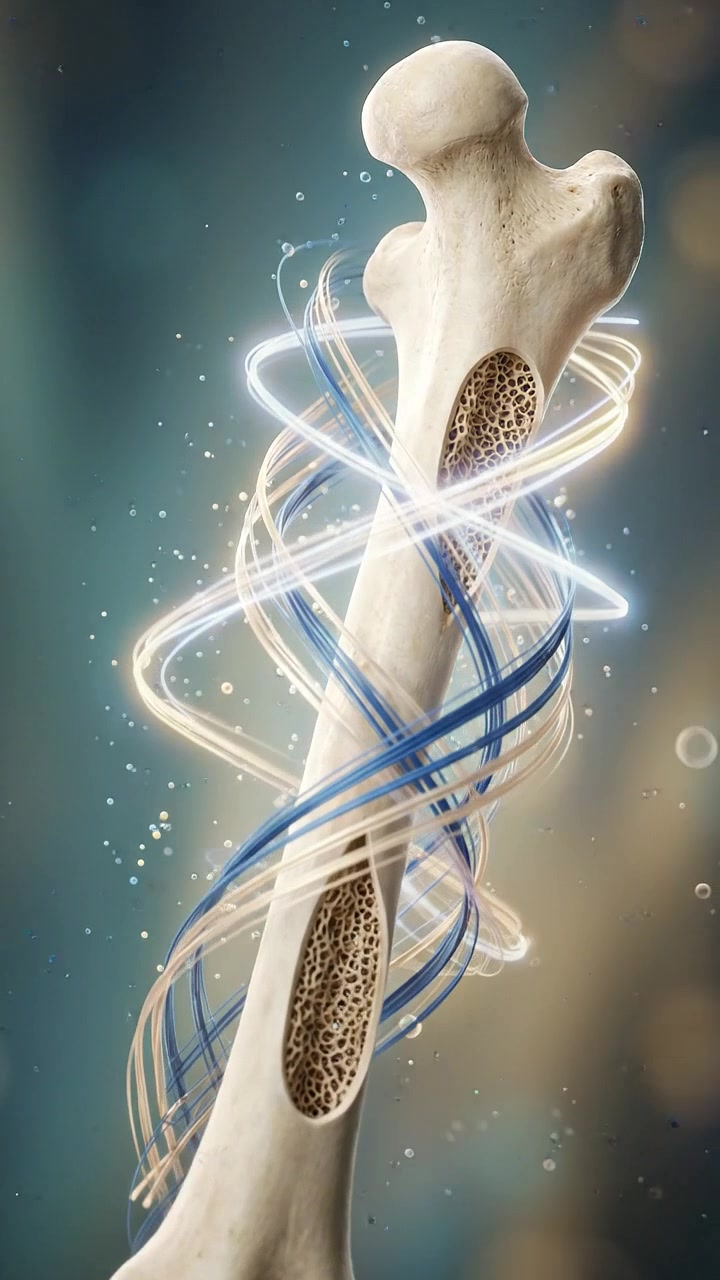 Modello anatomico di osso del femore umano circondato da energia