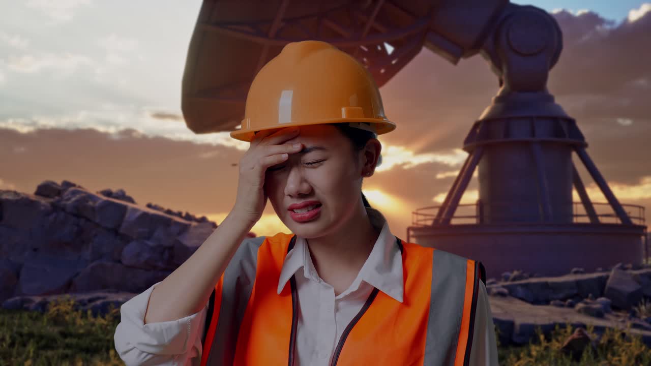 Close Up Of Asian Female Engineer With Safety Helmet Having A Headache While Working With Large Satellite Dish