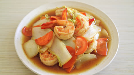 stir-fried chinese cabbage with shrimps on plate