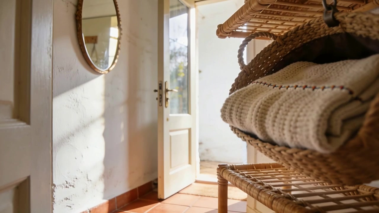 Telecamera in panoramica che rivela un ingresso illuminato dal sole, mostrando una mensola in rattan con cesto e plaid, con spazio per il testo