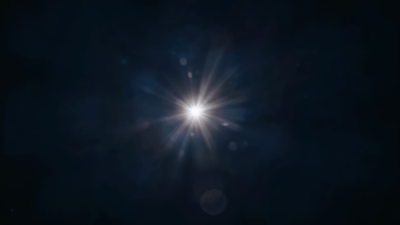 Opening single star point forming starburst on black void, evolving lensflare from core