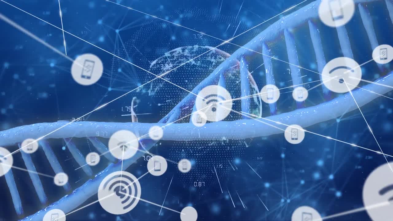 Animation of network of connections over dna strand and globe